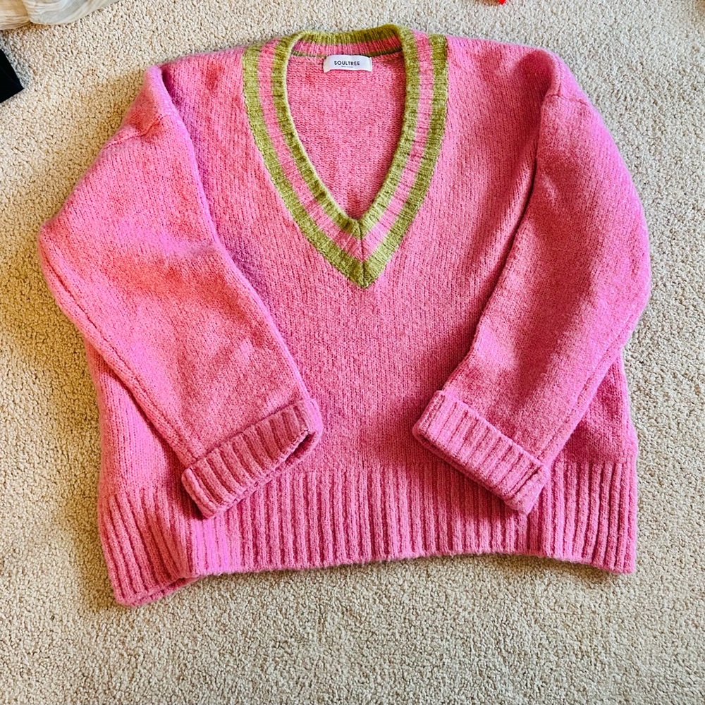 Sonoma Women's V-Neck Sweater in Pink with Green Accents